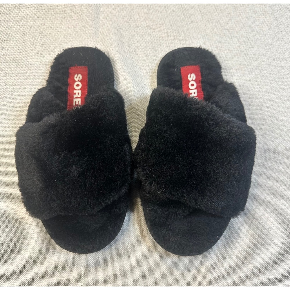 Sorel Roaming Crisscross Slide Black Faux Fur Slippers NL3724-010 Womens 5
